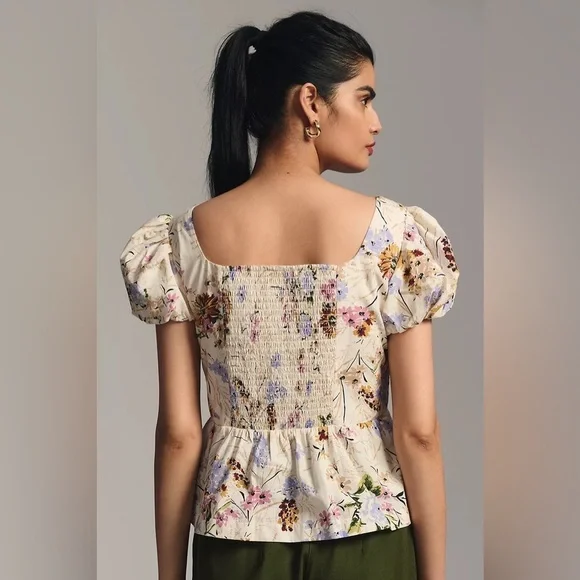 NWT Size S - By Anthropologie Puff-Sleeve Peplum Top (100% Cotton) - Picture 2 of 12